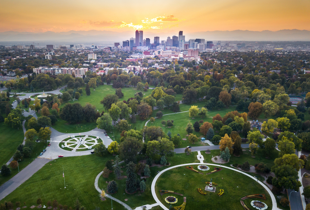 Sunset,Over,Denver,Cityscape,,Aerial,View,From,The,City,Park